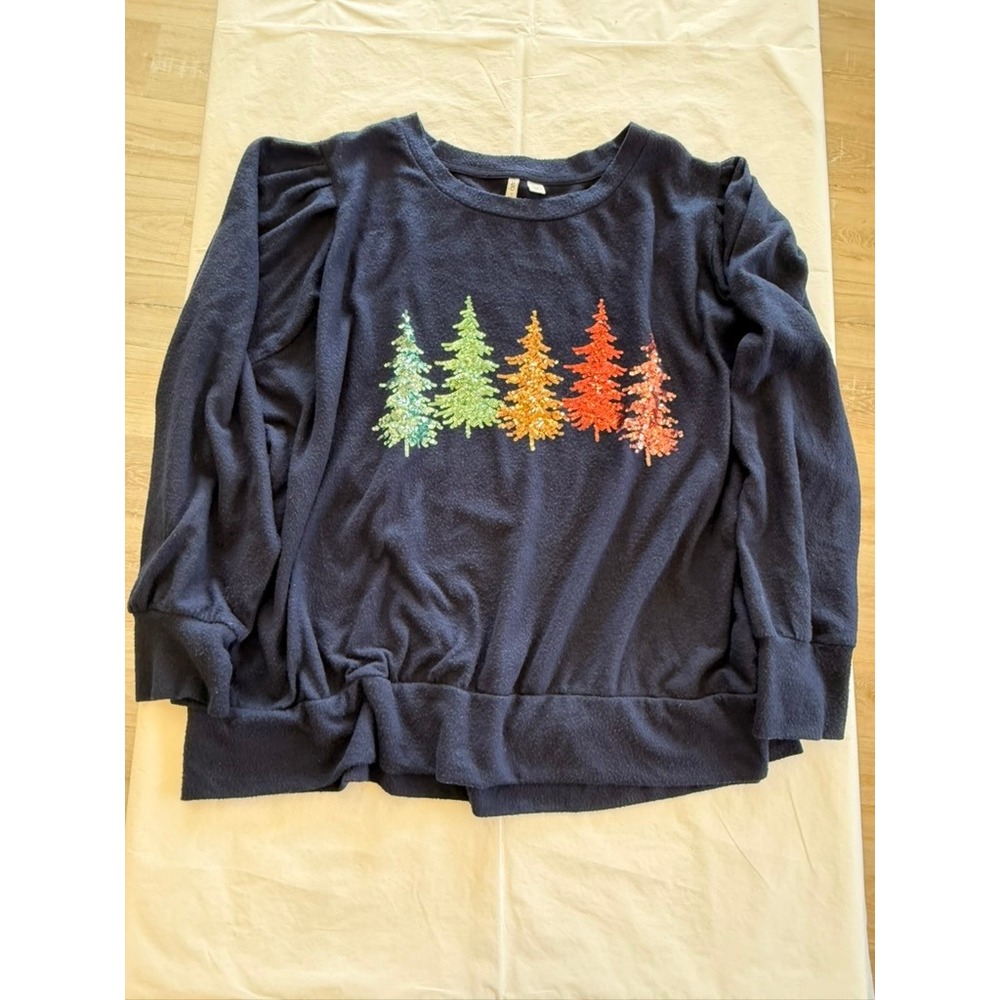 Cato Sequin Tree Top Womens 26/28 Navy Good Rainbow Holiday Puff Sleeve